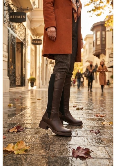 Pierre Cardin 56090 Arkası Strej 5 Cm Topuk Yüksekliği Kaymaz Taban Kadın Çizme Kahve