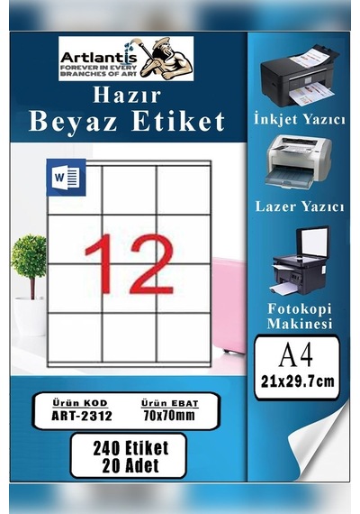 A4 Hazır Etiket 70x70 Mm 20 Sayfa 1 Paket 12 Li Kendinden Yapışkanlı Fotokopi Lazer İnkjet Kağıdı Yazıcılar İçin Uyumlu