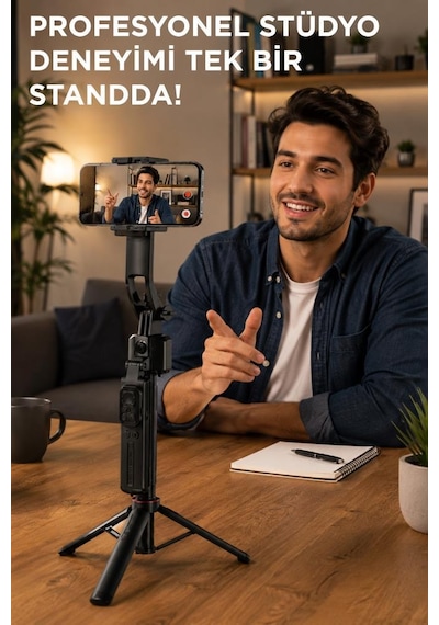 Tripod 360 Yüz Takipli Akıllı Gimbal Çok Amaçlı Kumandalı 1.76 Cm Selfie Çubuğu Tt07 Siyah