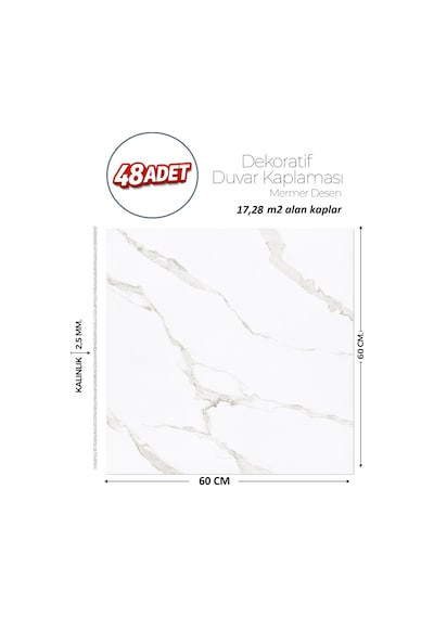 60x60 Cm Kendinden Yapışkanlı Duvar,banyo,tezgah Arası Beyaz Mermer-48 Adet 1091-60-48