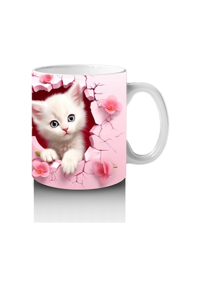Pembe Çiçekli Arka Planda Sevimli Kedi Çifti - Baskılı Kahve Kupası Renkli