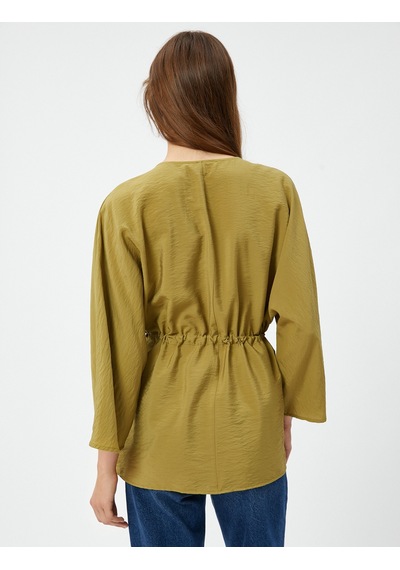 Koton Düğmeli Kimono Bluz Beli Bağlamalı Kısa Kollu Dokulu Haki 4wak50102uw