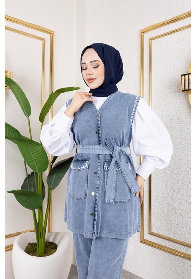 Harman Butik Kadın Boncuk İşlemeli Kuşaklı Yelek-pantolon 2li Takım Mavi Mavi
