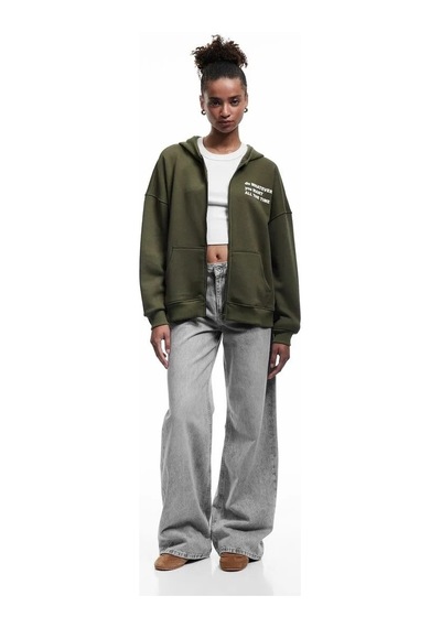 Koton Şardonlu Baskılı Fermuarlı Kapüşonlu Kadın Oversize Sweatshirt 6wal10142ık Haki