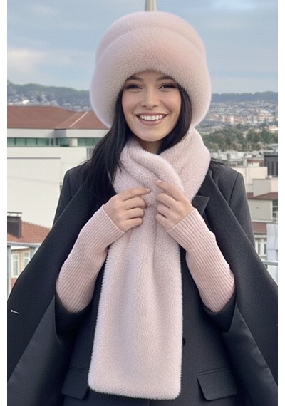 Mollycrush Peluş Bucket Kalpak Atkı Eldiven 3'lü Set Kadın Kışlık Suni Kürk Pembe 3'lü Takım Pembe