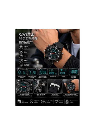 Erkek Analog Dijital Silikon Kordon Alarm Kronemetreli Led Işıklı Kol Saati Siyah - 929326242 Siyah