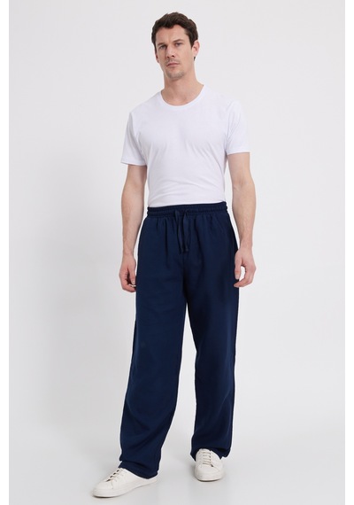 Tudors Erkek Baggy Fit Geniş Kesim %100 Pamuk Beli Lastikli Yandan Cepli Müslin Lacivert Düz Pantolon-46261