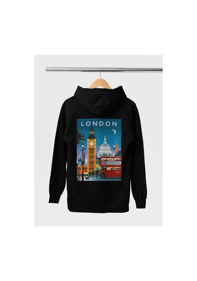 Magors Stıl-x Londra Baskılı Unısex Kapüşonlu Sweatshırt Siyah
