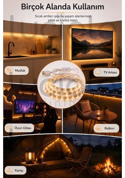 1 Metre 5v Usb Amber Şerit Led Aç Kapa Anahtarlı Mutfak Tv Arkası Masa Kamp Dekoratif Işık
