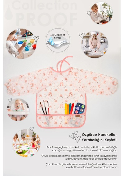 Proof Uzun Kollu 2-4 Yaş Sıvı Geçirmez Etkinlik Mama Aktivite Anaokul Kreş Bebek Çocuk Önlüğü Cream