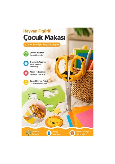 Aslan Figürlü Makas 1 Adet Bubu Küt Uç Korumalı Okul Makası Çocuk Kağıt Makası Okul Öncesi Kreş Ana Sınıfı