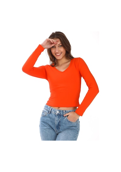 V Yaka Slim Fit Tişört-mercan Mercan