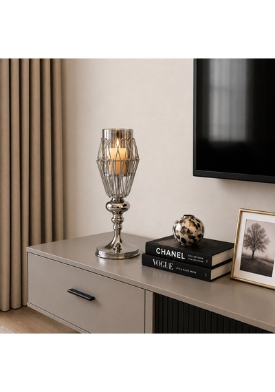 Füme Camlı Gümüş Dekoratif Şamdan Mumluk 32 Cm