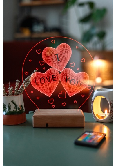 Sevgiliye 3 Kalp I Love You 16 Renk Kumandalı 3d Gece Lambası Çok Renkli
