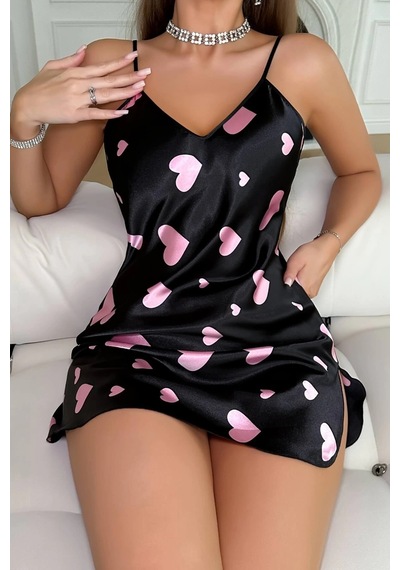Pembe Kalp Desenli Siyah Saten Gecelik