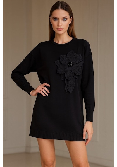 Onno Style Women Triko Büyük Güllü Tunik Kazak Siyah