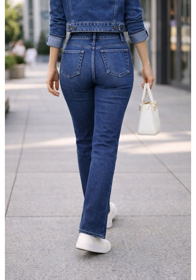 Cedy Denim Kadın Boru Paça Yüksek Bel Regular Fit Likralı Pantolon Mavi