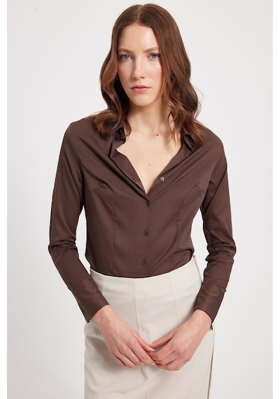 Tudors Kadın Slim Fit Dar Kesim Klasik Yaka Uzun Kollu Kahverengi Gömlek-40353 Kahverengi