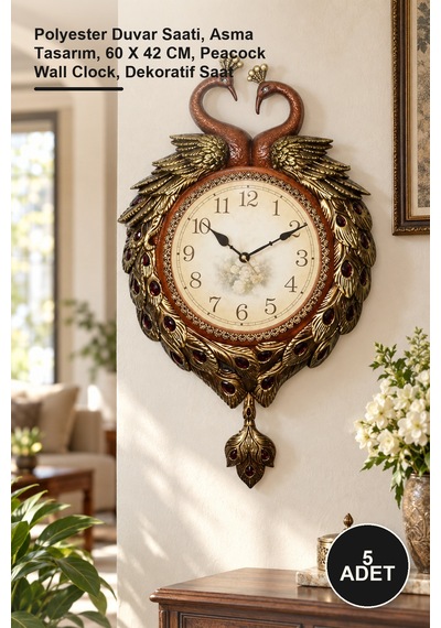 5 Adet Duvara Asmalı Tavuskuşu Saat Polyester Duvar Saati, Asma Tasarım, 60 X 42 Cm, Peacock Wall Clock, Dekoratif Saat Diğer