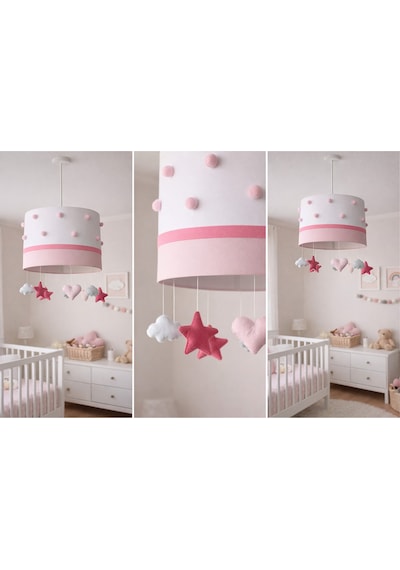 Pembe Ponponlu Bebek Odası Avizesi El Yapımı Çocuk Sarkıt Aydınlatma 30x20 Cm Beyazpembe