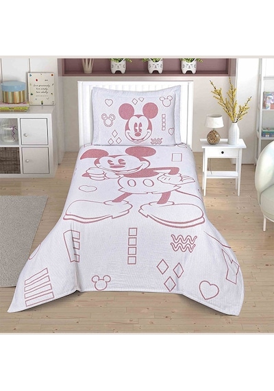 Taç Lisanslı Jakar Yatak Örtüsü Mickey Mouse Tek Kişilik Beyaz