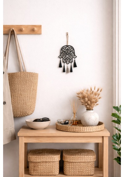 Nazarlık El Figürlü Mdf Duvar Dekoru Siyah Hamsa Tasarım 22x26 Cm Siyah