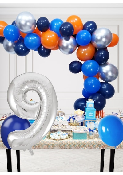 9 Yaş Kozmik Temalı Doğum Günü Seti Kozmik Mavi Turuncu Gümüş Mavi Balonlar Gümüş Folyo Rakam Çok Renkli