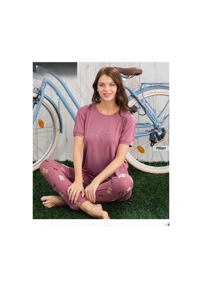 Pijamoni Kadın Milan Bisiklet Yaka Kısa Kol İnce Pijama Takımı 7605/46 - 1 Adet Nar