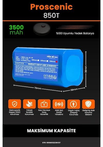 Proscenic 850t Uyumlu 3500mah Maksimum Yüksek Kapasiteli Lityum Batarya - Pil Tek Renk