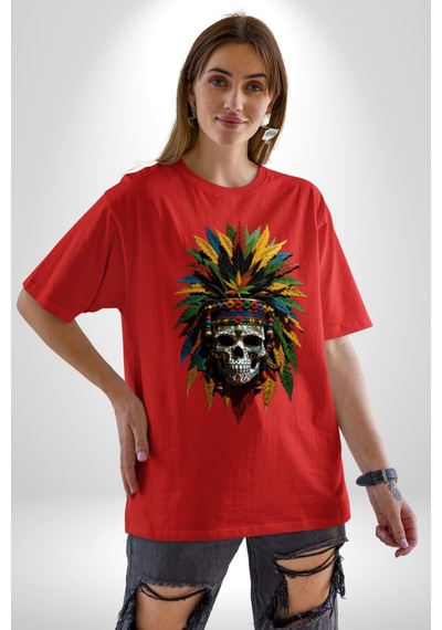 Kurukafa İskelet Kızılderili Tüy Kartal Şefi Pamuklu Bisiklet Yaka Unisex Oversize Boyfriend Dijital Baskılı Kırmızı T-shirt Kırmızı