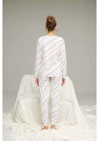 Siyah İnci Pamuklu Bisiklet Yaka Örme Pijama Takım25241125 Beyaz
