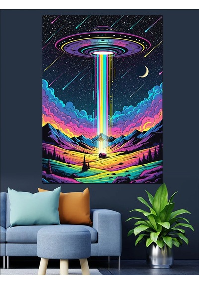 Ahşap Tablo Ufo Ve Renkli Işıklar