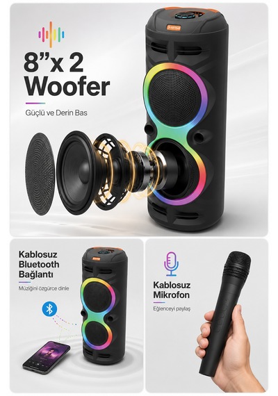 Taşınabilir Mikrofonlu 60w Led Işıklı Bluetooth Karaoke Hoparlör Set