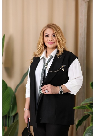 Lady Sharm Krep Kumaş Zincir ve Kravat Detaylı Büyük Beden Kadın Takım Siyah