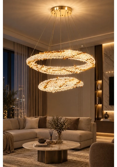 Modern Premıum Gold Led Avize 3 Renk Sarkıt Salon Yemek Odası Avizesi 140w