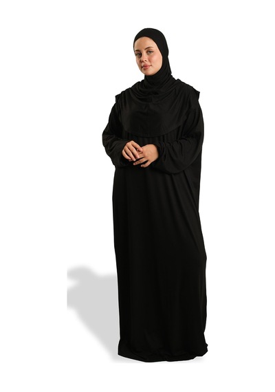 Hürrem Bone Tek Parça Namaz Elbisesi Viskon Düz 2503 01 Siyah