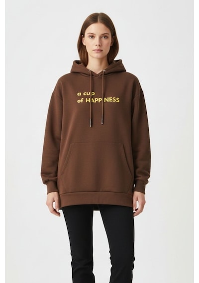Mizalle Yumuşak Dokulu Kapüşonlu Kahverengi Sweatshirt Kahverengi