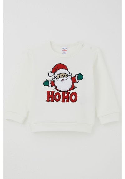 Breeze Erkek Bebek Pijama Takımı Omuzdan Patlı Peluş Sakallı Hoho Noel Baba 4 Ay-1 Yaş, Ekru Ekru