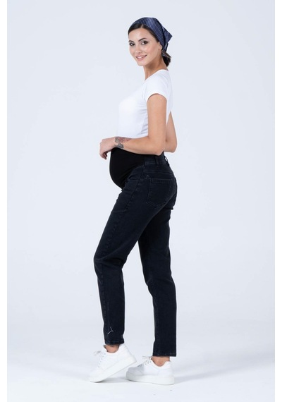 Busa Hamile Esnek Karın Bantlı Beli Ayarlanabilir Büyük Beden Mom Fit Kot Pantolon Siyah-siyah