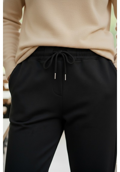 Sy & Black Kadın Çelik Örgü Beli Lastikli Ve Bağcıklı Geniş Beden Aralıklı Jogger Pantolon 25p-03 Siyah Siyah