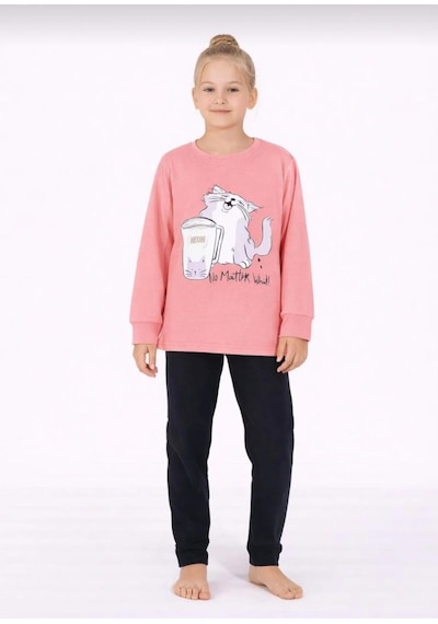 Kız Çocuk Kedi Baskılı Uzun Kollu Pijama Takımı Rahat Ev Giyimi-8411- Pembe