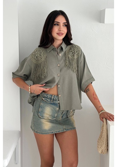 Asprin Fashion Yıkamalı Keten Gömlek Haki Haki