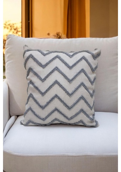 Modern Chevron Zigzag Püsküllü Kırlent Kılıfı Gri Renk - 43x43cm Gri