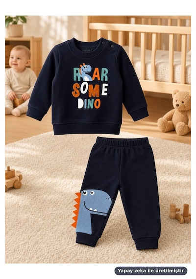 Ferasty İstanbul Erkek Bebek 2'li Takım Dinozor Baskılı Roarsome Dino Lacivert
