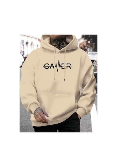 Herkesemoda Gamer Yazı Detaylı Kapüşonlu Sweatshırt Bej