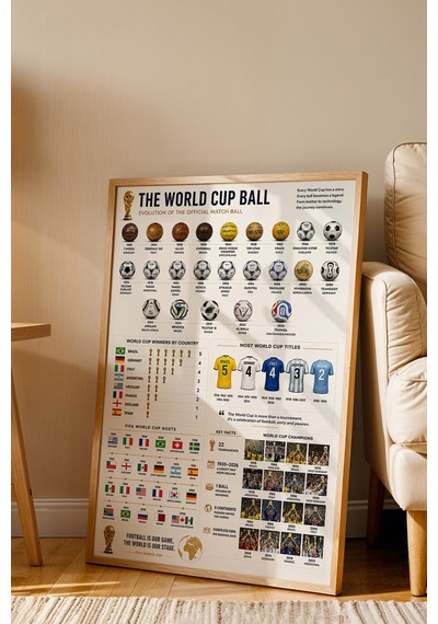 World Cup History Dünya Kupası Tarihi İnfografik Lüks Çerçeveli Tasarım Futbol Duvar Dekoru Kayın
