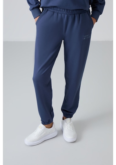 Tommy Life Petrol Basic Pamuklu O Yaka Oversize Lastik Paça Kadın Eşofman Takım - 95287 Petrol
