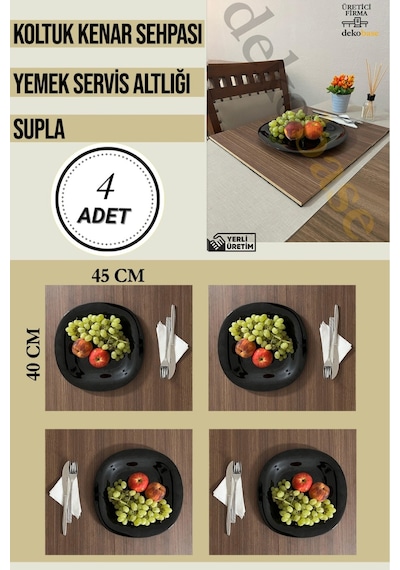 Ceviz 4 Adet Çok Amaçlı Koltuk Kenar Sehpası, Supla, Yemek Servis Altlığı Ceviz
