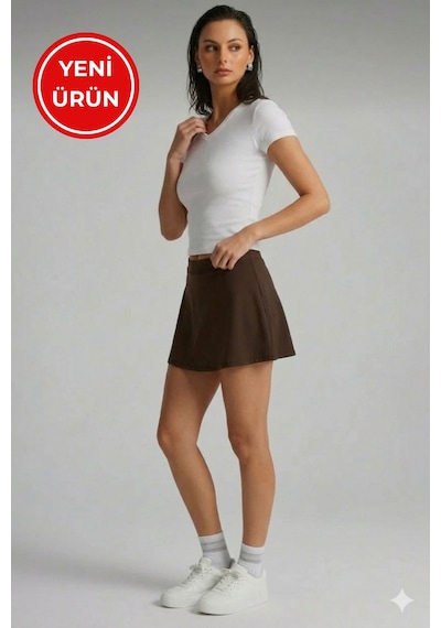 Soft&Basic Kadın Curve Büyük Beden Scuba Kumaş Sporcu Taytlı Şort Etek - Tenis Eteği Kahverengi