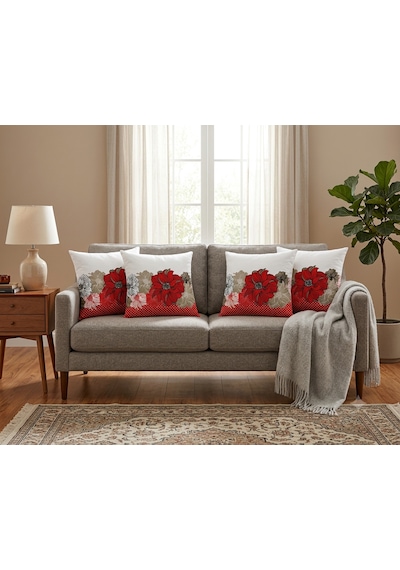 Kırlent 8 4'lü Dekoratif Kırlent Kılıfı Seti 45x45 Cm Kırmızı Çiçek Desenli Modern Salon Ve Koltuk Yastık Kılıfı Gizli Fermuarlı Çok Renkli